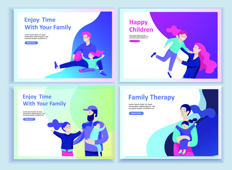 一套登录页模板快乐家庭-旅行和心理治疗-家庭保健-商品娱乐为母亲父亲和他们的孩子-父母带着女儿和儿子在一起玩得很开心