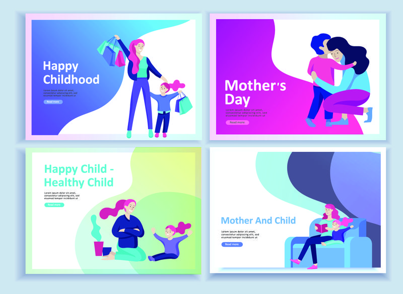 为母亲节快乐-儿童保健-快乐童年和儿童-为母亲和儿童的商品和娱乐的登录页模板集-父母带着女儿和儿子在一起玩得很开心