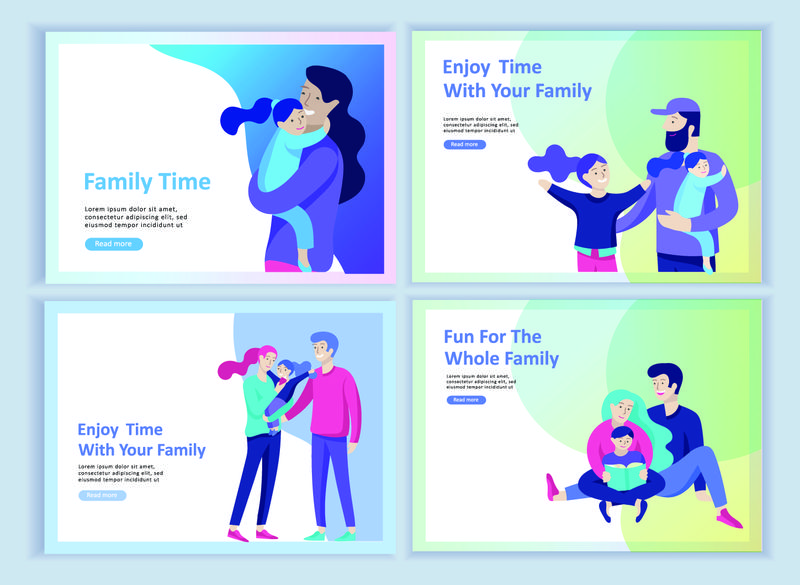 一套登录页模板快乐家庭-旅行和心理治疗-家庭保健-商品娱乐为母亲父亲和他们的孩子-父母带着女儿和儿子在一起玩得很开心