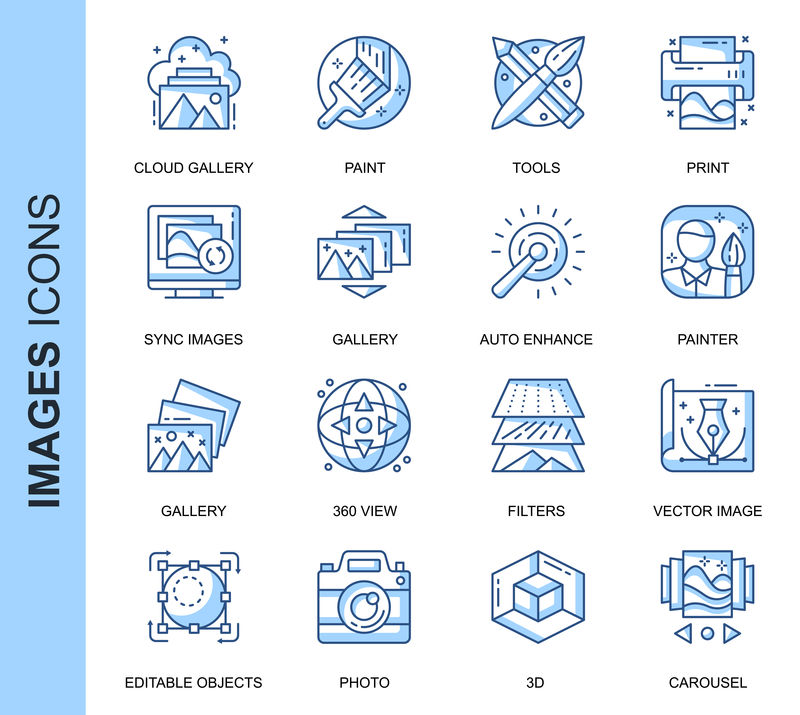 为网站、移动网站和应用程序设置的与矢量图标相关的细线图像。轮廓图标设计。包含360度视图、云库、过滤器等图标。线性象形图包。