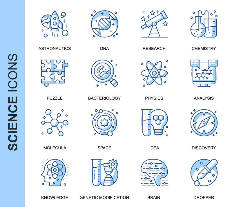 为网站、移动网站和应用程序设置的与科学相关的细线条矢量图标。轮廓图标设计。包含DNA、分析、基因改造等图标。线性象形图包。
