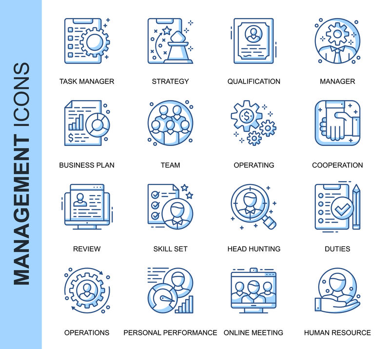 为网站、移动网站和应用程序设置与人员管理相关的矢量图标。轮廓图标设计。包含任务管理器、猎头等图标。线性象形图包。