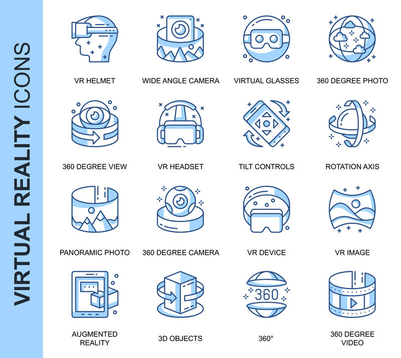 为网站、移动网站和应用程序设置与虚拟现实相关的矢量图标。轮廓图标设计。包含虚拟现实头盔、360度摄像头等图标。线性象形图包。