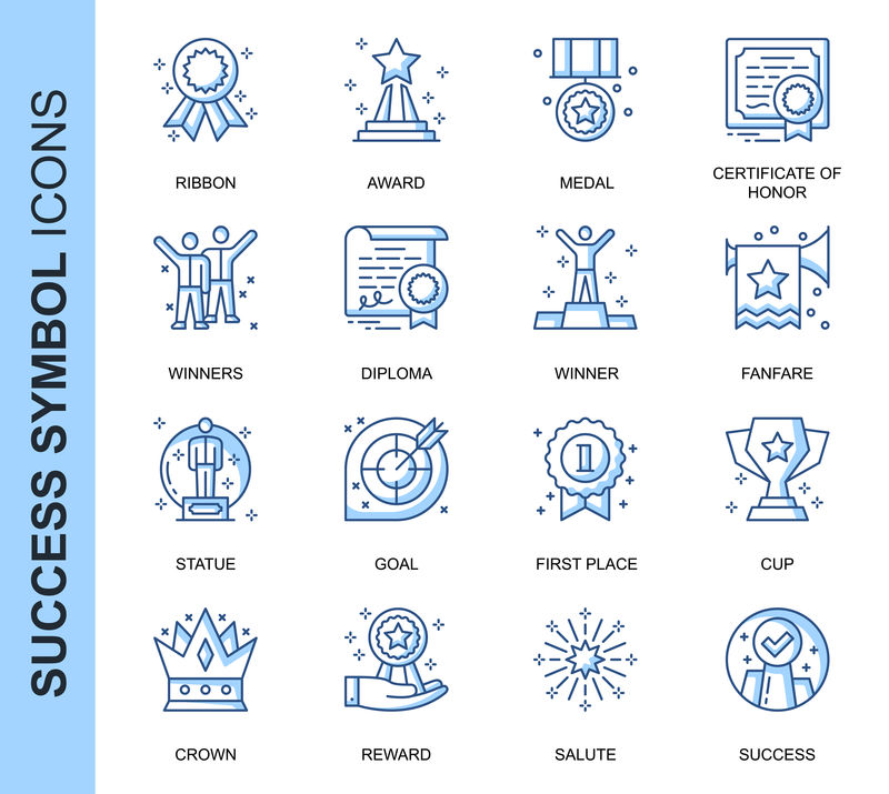 为网站、移动网站和应用程序设置的与“细线成功”相关的矢量图标。轮廓图标设计。包含缎带、赢家、奖励等图标。线性象形图包。