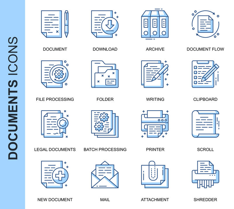 为网站、移动网站和应用程序设置的与文档相关的细线条矢量图标。轮廓图标设计。包含批处理、法律文档等图标。线性象形图包。