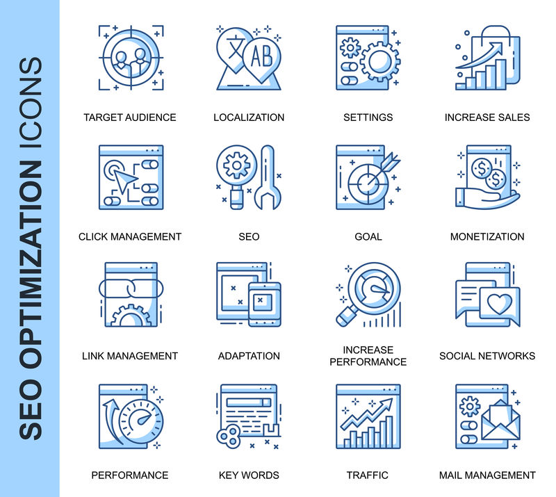为网站、移动网站和应用程序设置与搜索引擎优化相关的矢量图标。轮廓图标设计。包含本地化、流量、性能跟踪等图标。线性象形图包。