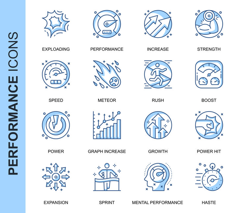为网站、移动网站和应用程序设置的与性能相关的细线条矢量图标。轮廓图标设计。包含扩展、力量、加速、成长等图标。线性象形图包。