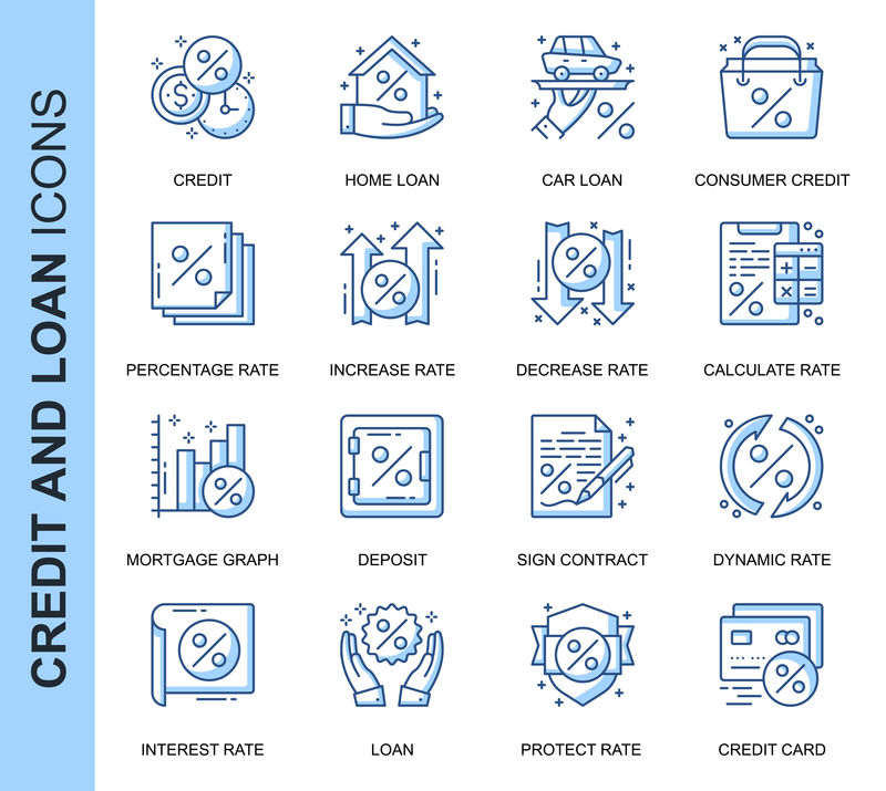 为网站、移动网站和应用程序设置的与信贷和贷款相关的细线矢量图标。轮廓图标设计。包含利率计算器、信用卡、存款等图标。线性象形图包。