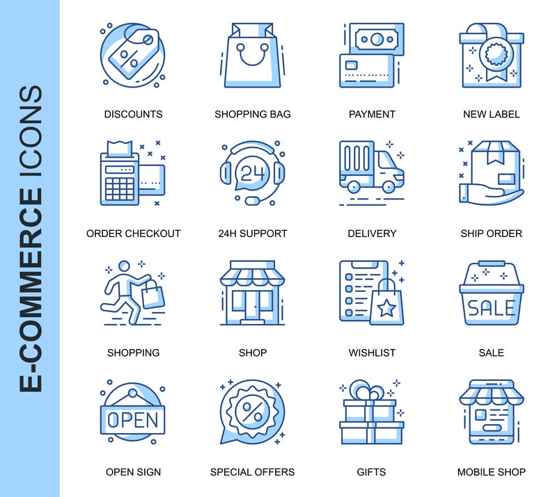 为网站、移动网站和应用程序设置的与电子商务相关的瘦线矢量图标。轮廓图标设计。包含诸如折扣、移动商店、销售、购物等图标。线性象形图包。