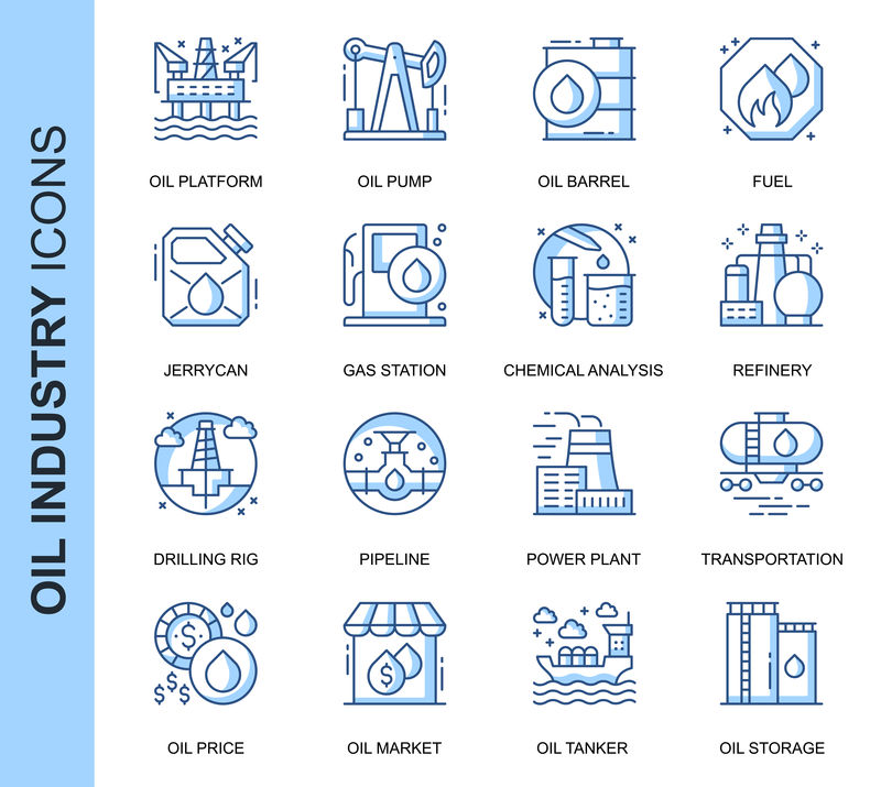 为网站、移动网站和应用程序设置的与石油行业相关的细线条矢量图标。轮廓图标设计。包含油罐车、燃料、加油站等图标。线性象形图包。