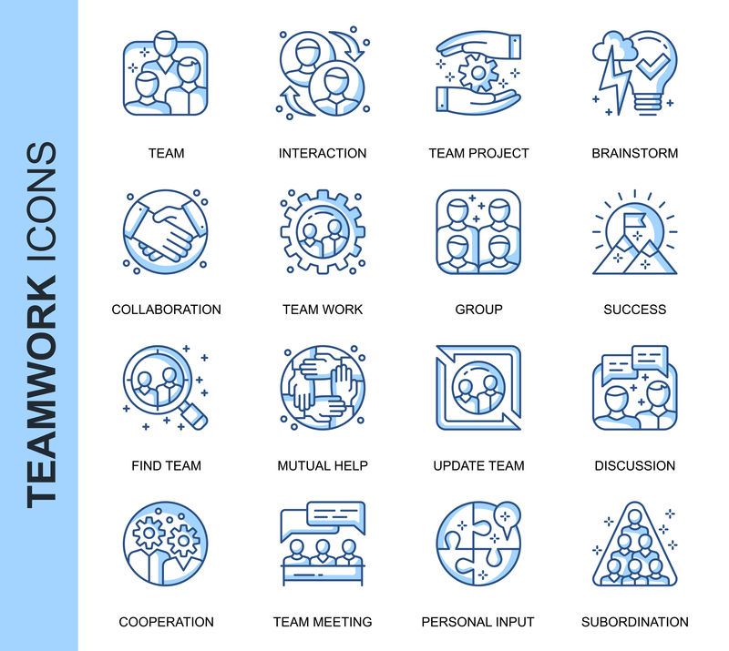 为网站、移动网站和应用程序设置的与团队协作相关的矢量图标。轮廓图标设计。包含合作、协作、团队会议等图标。线性象形图包。