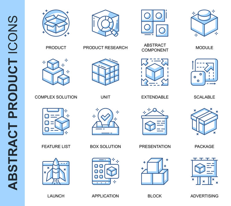 为网站、移动网站和应用程序设置的与产品相关的矢量图标。轮廓图标设计。包含产品研究、应用等图标。线性象形图包。