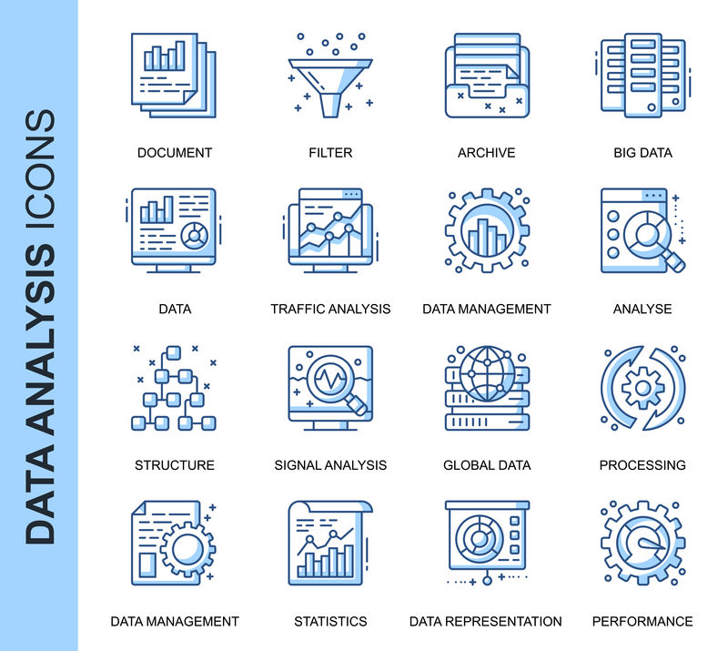 为网站、移动网站和应用程序设置的与数据分析相关的矢量图标。轮廓图标设计。包含大数据、处理、性能等图标。线性象形图包。