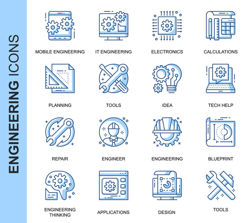 为网站、移动网站和应用程序设置的与细线工程相关的矢量图标。轮廓图标设计。包含计算、工程师、应用程序设计等图标。线性象形图包。