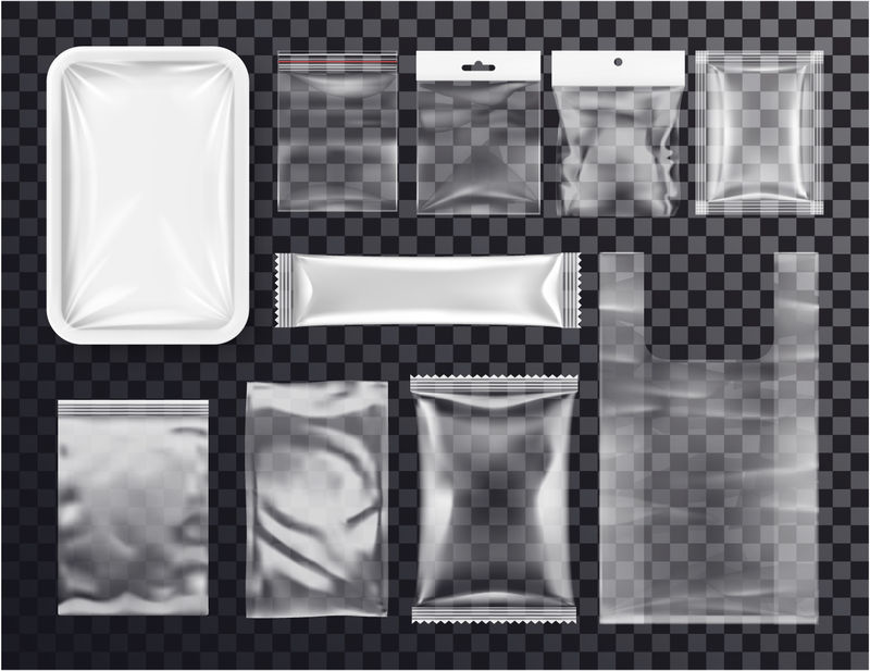 逼真的塑料袋模型-食品和商店货物用透明聚乙烯密封包装-三维香包或空白拉链空包-食品容器-产品存储模板