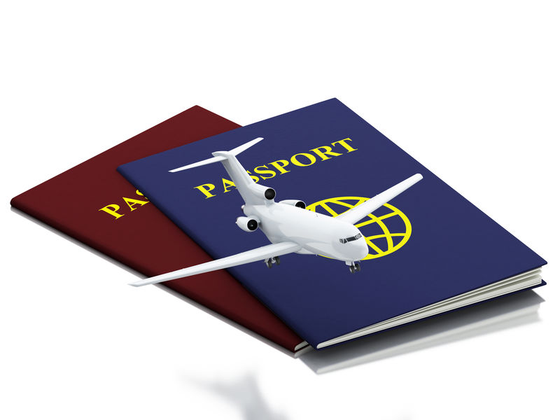 3D护照和飞机。旅游理念