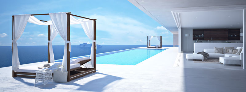 圣托里尼的豪华游泳池。三维渲染