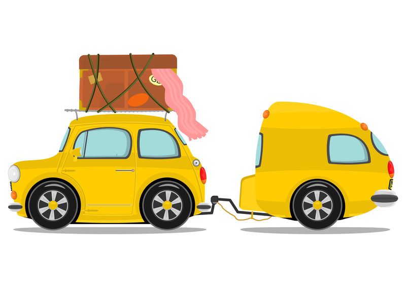 有趣的黄色复古车与大篷车-光栅