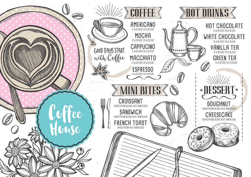 咖啡馆咖啡馆菜单，模板设计。