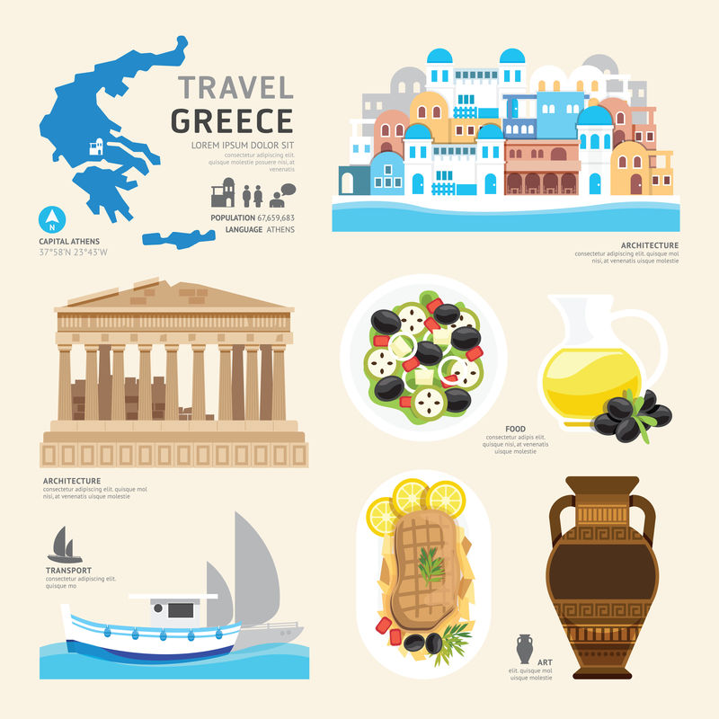 旅游概念希腊地标平面图标设计。