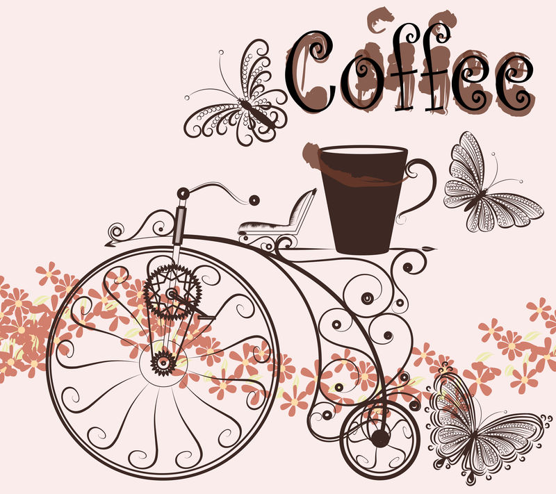 咖啡背景，带漩涡的老式自行车和咖啡杯