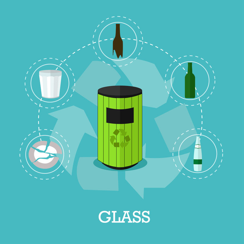 平面风格的垃圾回收概念矢量图。玻璃废料回收海报和图标。