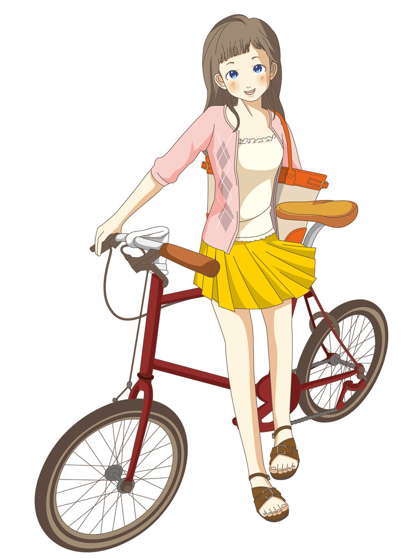 散步时骑自行车的可爱的夏日女孩-矢量图解