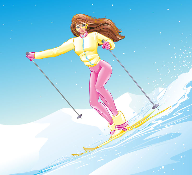 美丽的运动型黑发微笑女孩在山上滑雪-在新年和圣诞节假期里进行了极为活跃的冬季运动-度过了他的空闲时间和假期-矢量