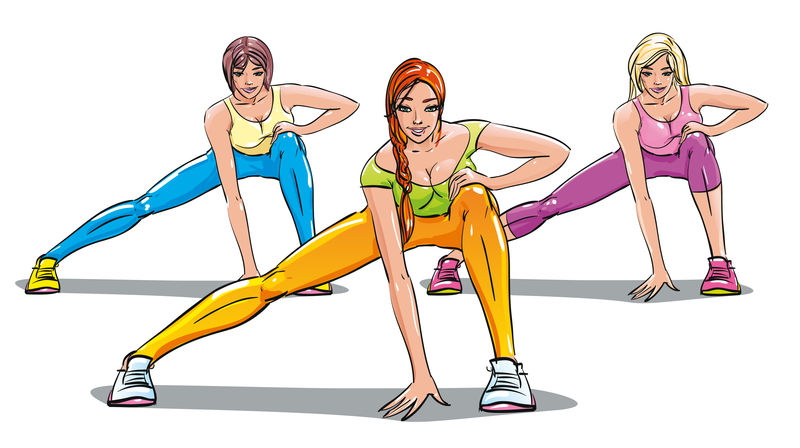 三名穿着运动服和运动鞋的妇女在健身房做健身运动-一名教练在集体课上做伸展运动-在力量练习前单腿坐着-参加健身俱乐部