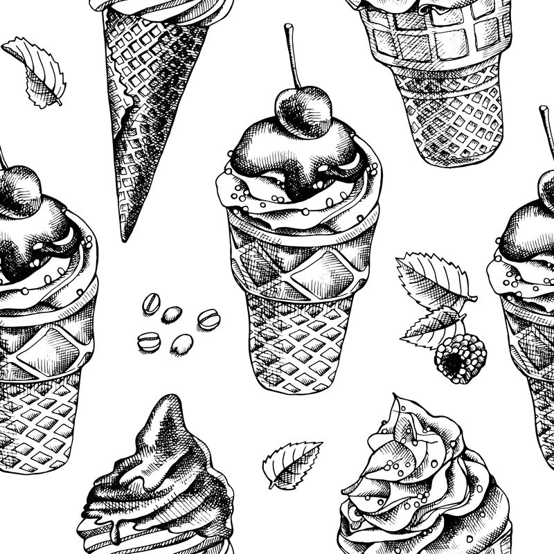 无缝图案与草莓冰淇淋圆锥体的图像-矢量黑白插图