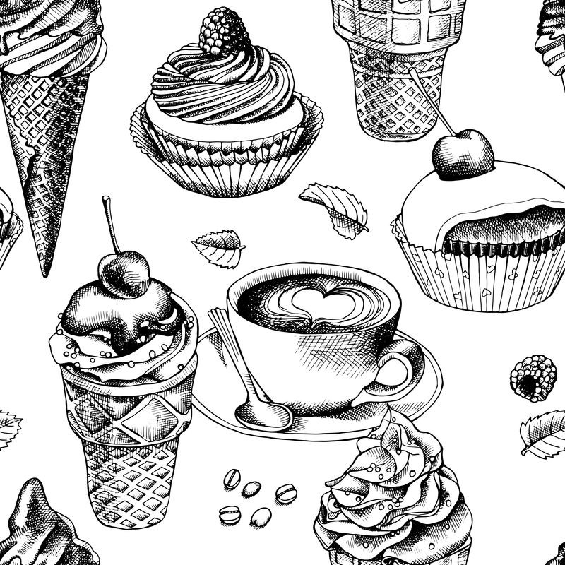无缝图案与图像冰淇淋锥与浆果-蛋糕-咖啡杯-矢量图解