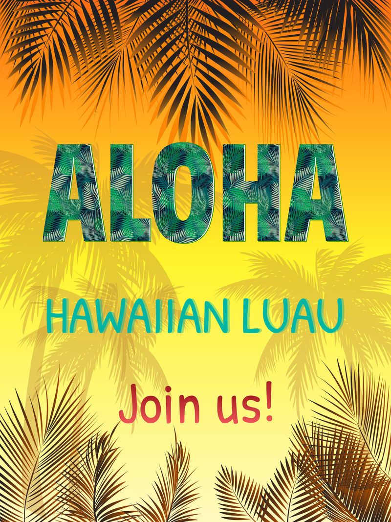 热带霓虹灯背景-夏威夷阿罗哈字母和棕榈叶轮廓-用于T恤、夜总会海报和其他设计