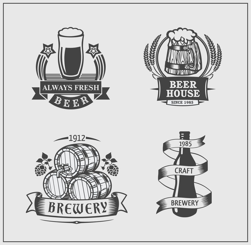 一套老式啤酒酿造厂的标志-标签-标志-徽章和设计元素-单色风格-白底隔离