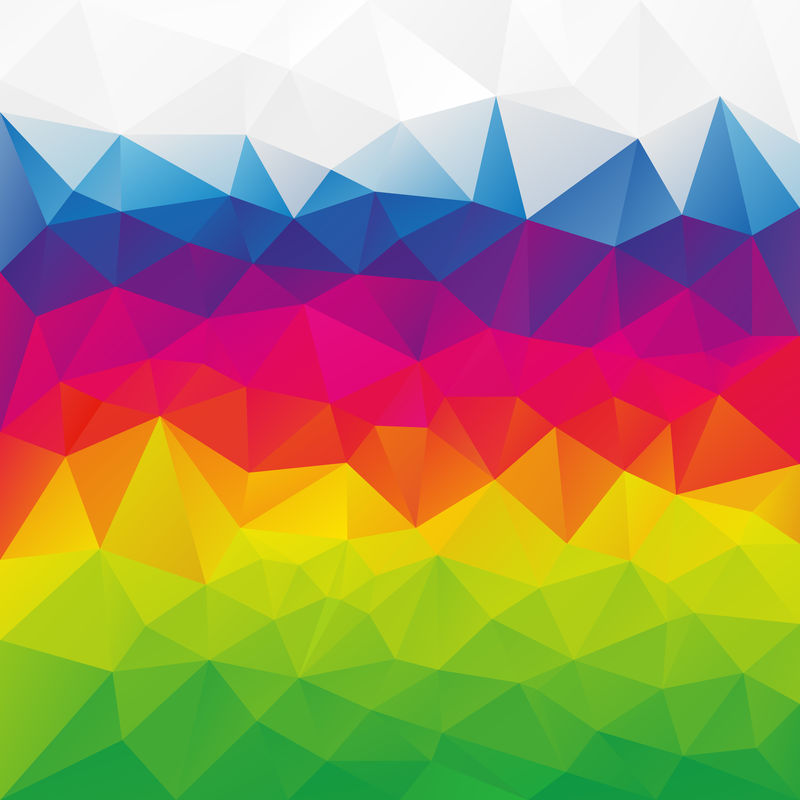 水平彩虹光谱中三角形图案的矢量抽象不规则多边形背景