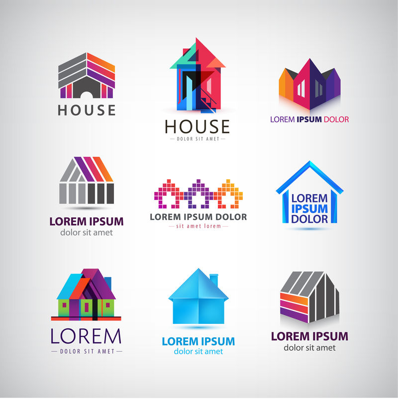 彩色房屋、村庄、物业、建筑标识、图标矢量集