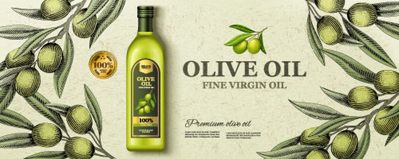 橄榄油广告模板-三维矢量玻璃瓶橄榄果