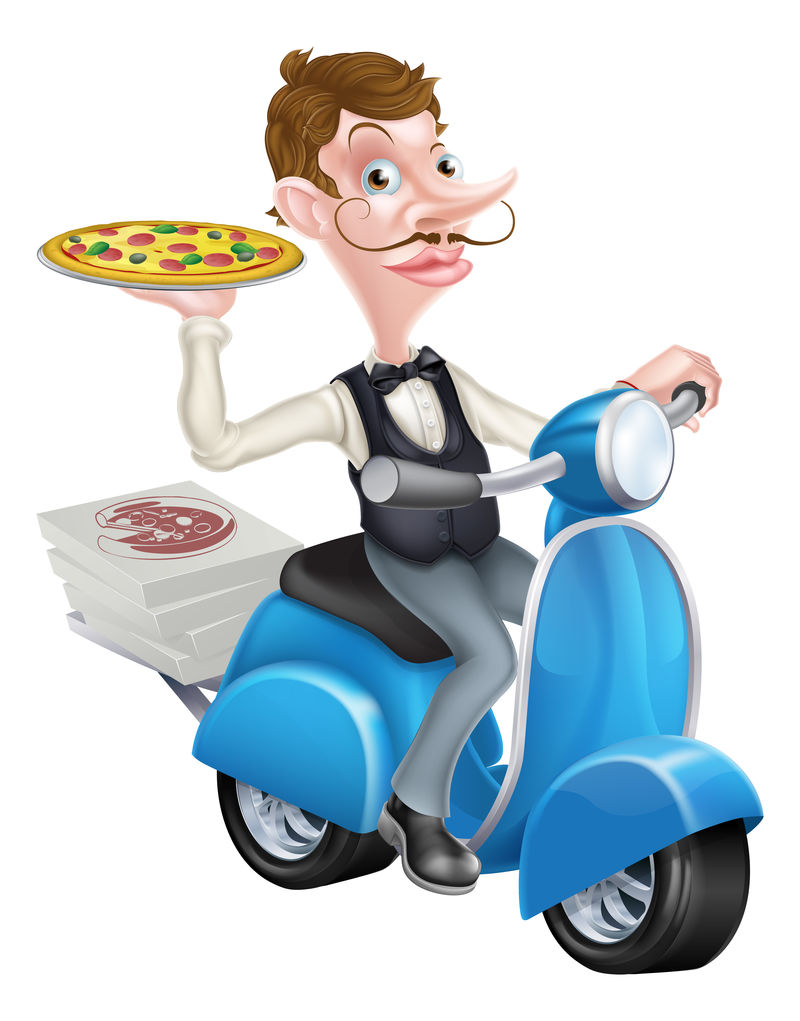 骑摩托车送披萨的卡通服务员