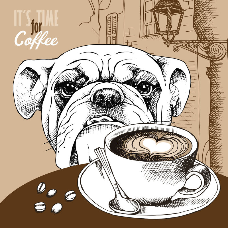 一张咖啡杯和狗的肖像画在米色欧洲风景背景上的海报-矢量图解