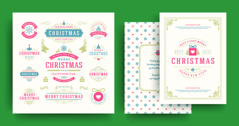圣诞节标签和徽章矢量设计元素集和贺卡模板-圣诞快乐-节日快乐-复古字体装饰物-复古饰品