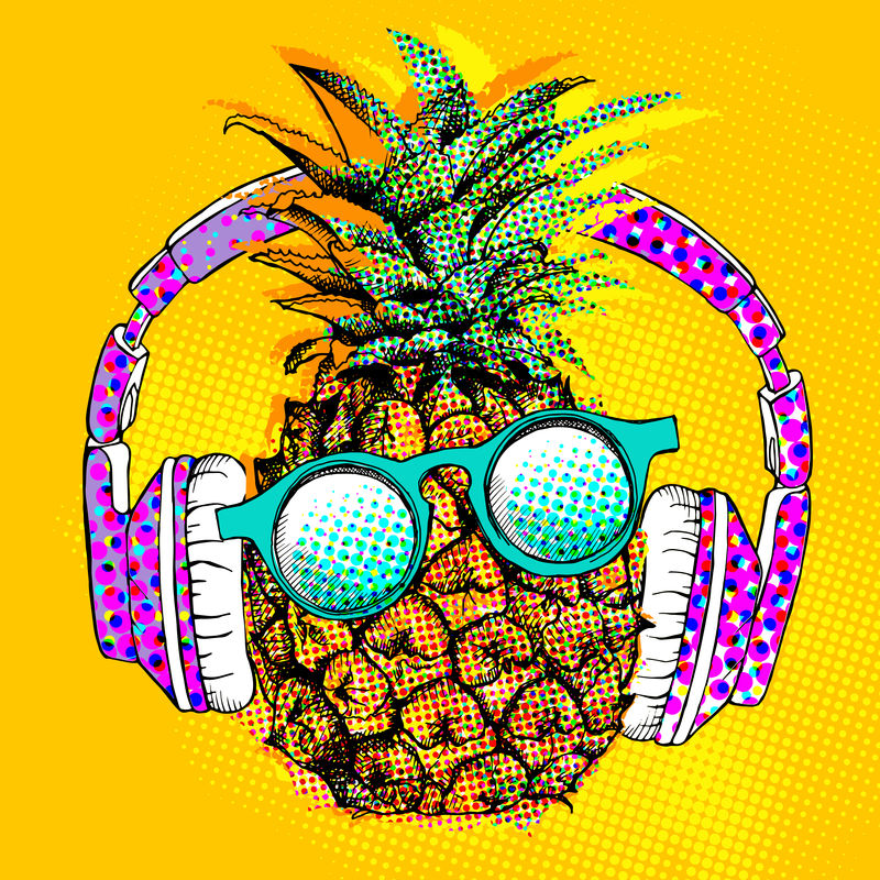 波普艺术漫画海报-菠萝图案-带耳机和眼镜-矢量图解