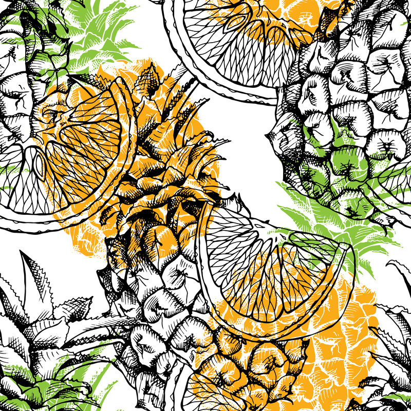 无缝多层图案与菠萝和桔子的图像-矢量图解