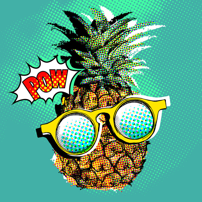 波普艺术漫画海报-上面画着一个戴眼镜的菠萝-矢量图解