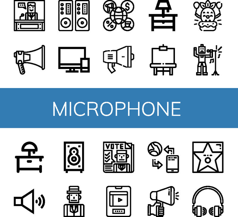 一组麦克风图标-如新闻、扩音器、扬声器、电视、床头柜、画架、生日、歌手、扬声器、记者、报纸、娱乐、通讯、麦克风