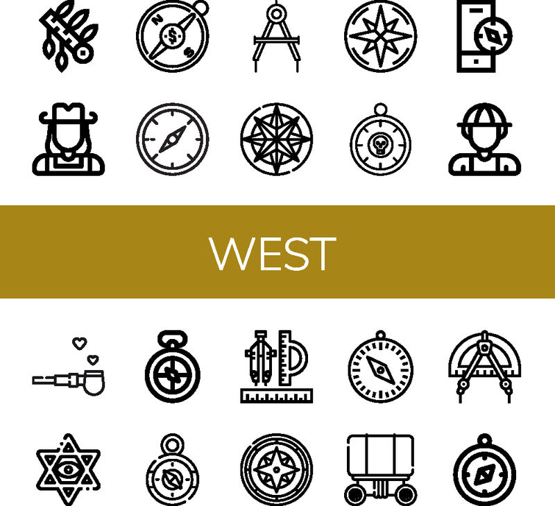 一组西方偶像-如头饰、牛仔、指南针、探险家、和平之笛、大卫之星、马车、西方