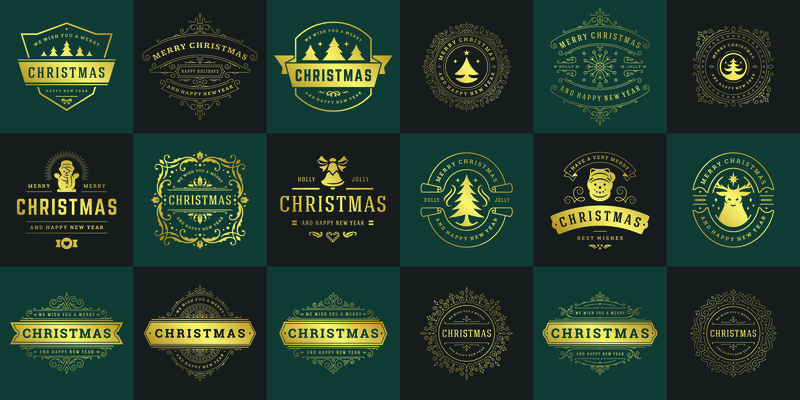 圣诞矢量印刷华丽的标签和徽章-新年快乐-寒假祝福贺卡-礼物和横幅-设计元素设置装饰品-矢量图解