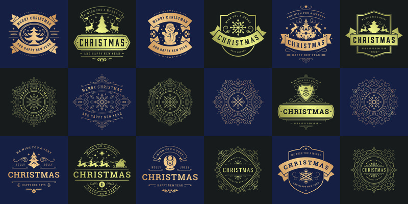 圣诞矢量印刷华丽的标签和徽章-新年快乐-寒假祝福贺卡-礼物和横幅-设计元素设置装饰品-矢量图解