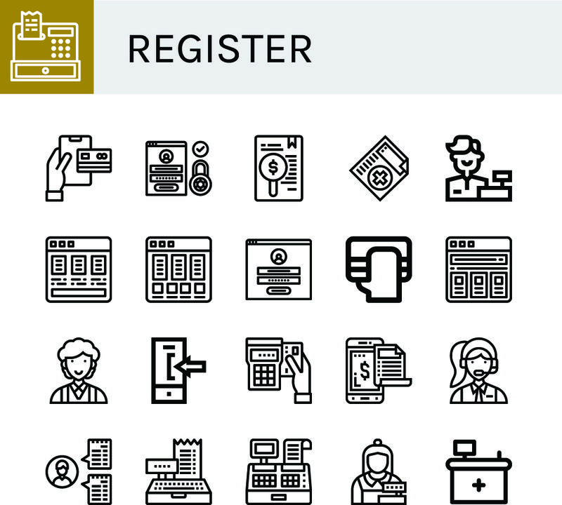 一组注册图标-如注册、付款、登录、医疗证明、出纳、价目表、文员、前台、注册