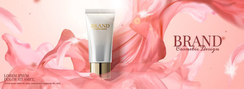 化妆品精华素广告-粉色容器-带飞缎和花瓣-3D插图