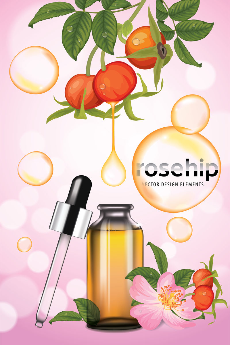 玫瑰果油从种子滴入玻璃瓶中-背景模板上有气泡-用于广告、横幅、包装设计的矢量元素集