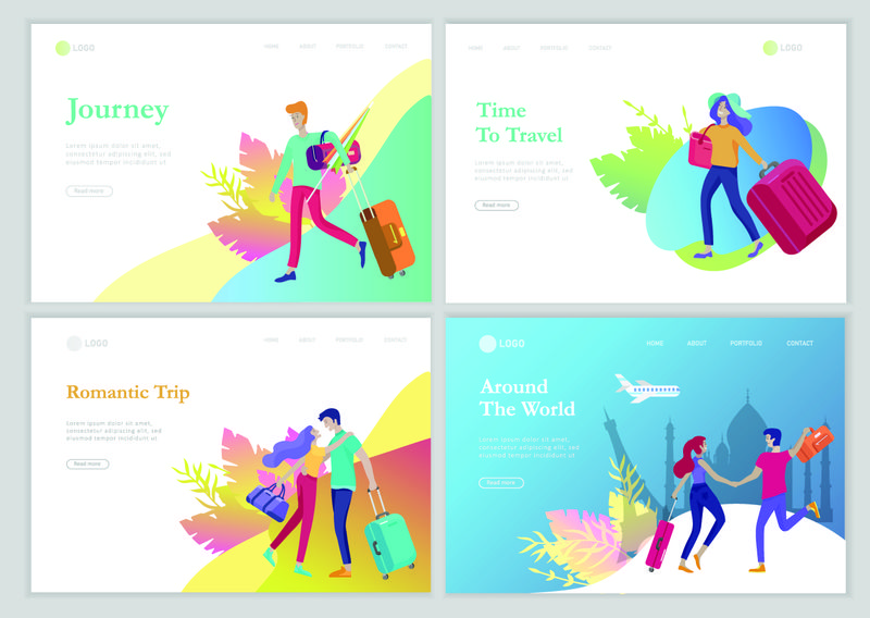带人们度假旅行的登录页模板-游客与家人、朋友一起旅行-独自旅行-继续旅行-是时候快乐旅行了-矢量插图卡通风格